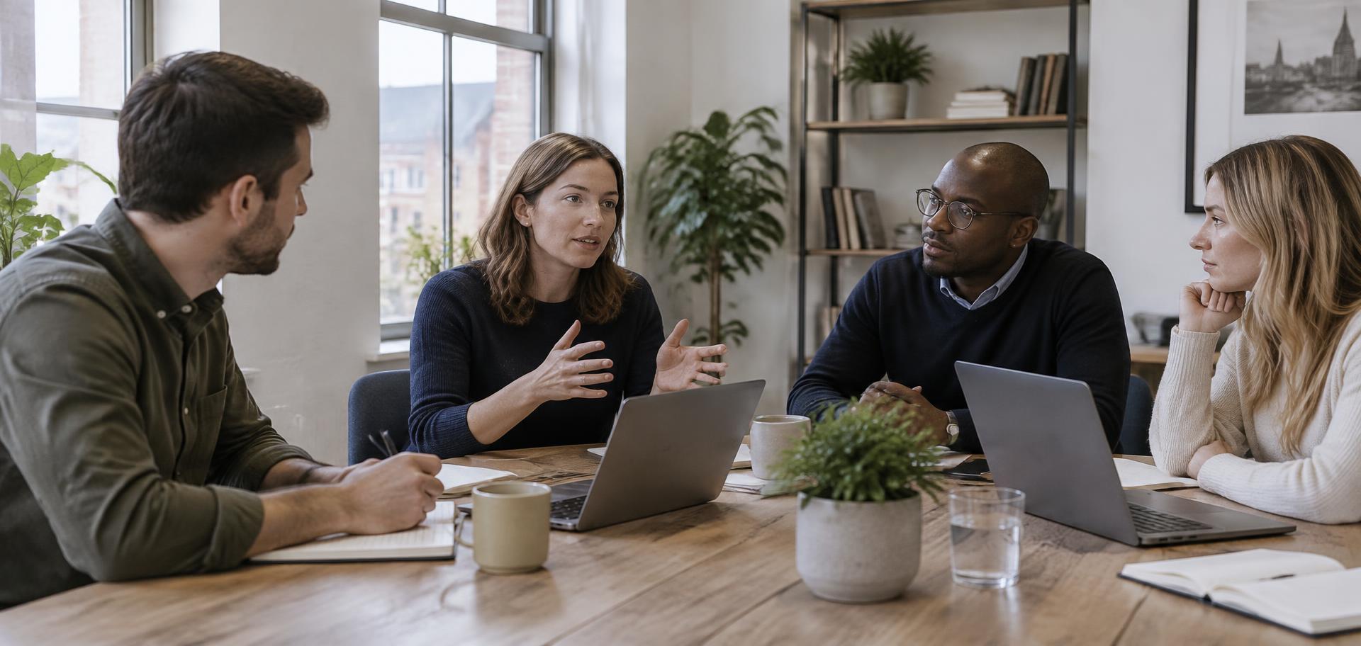 A business team in discussion around a meeting table